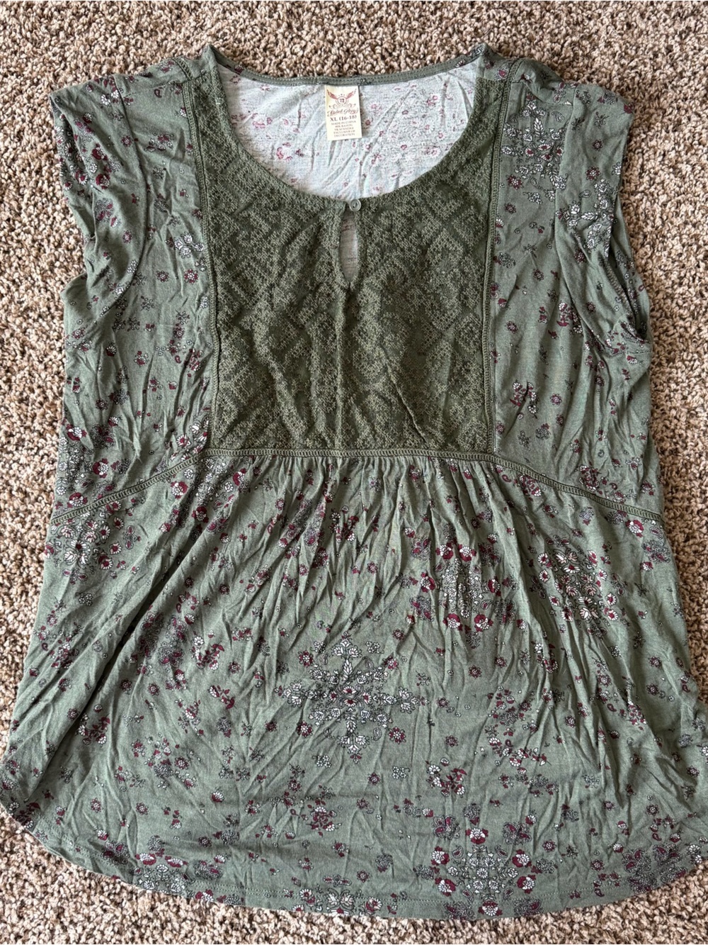 Faded Glory Olive Green Floral Lace-Yoke Tunic